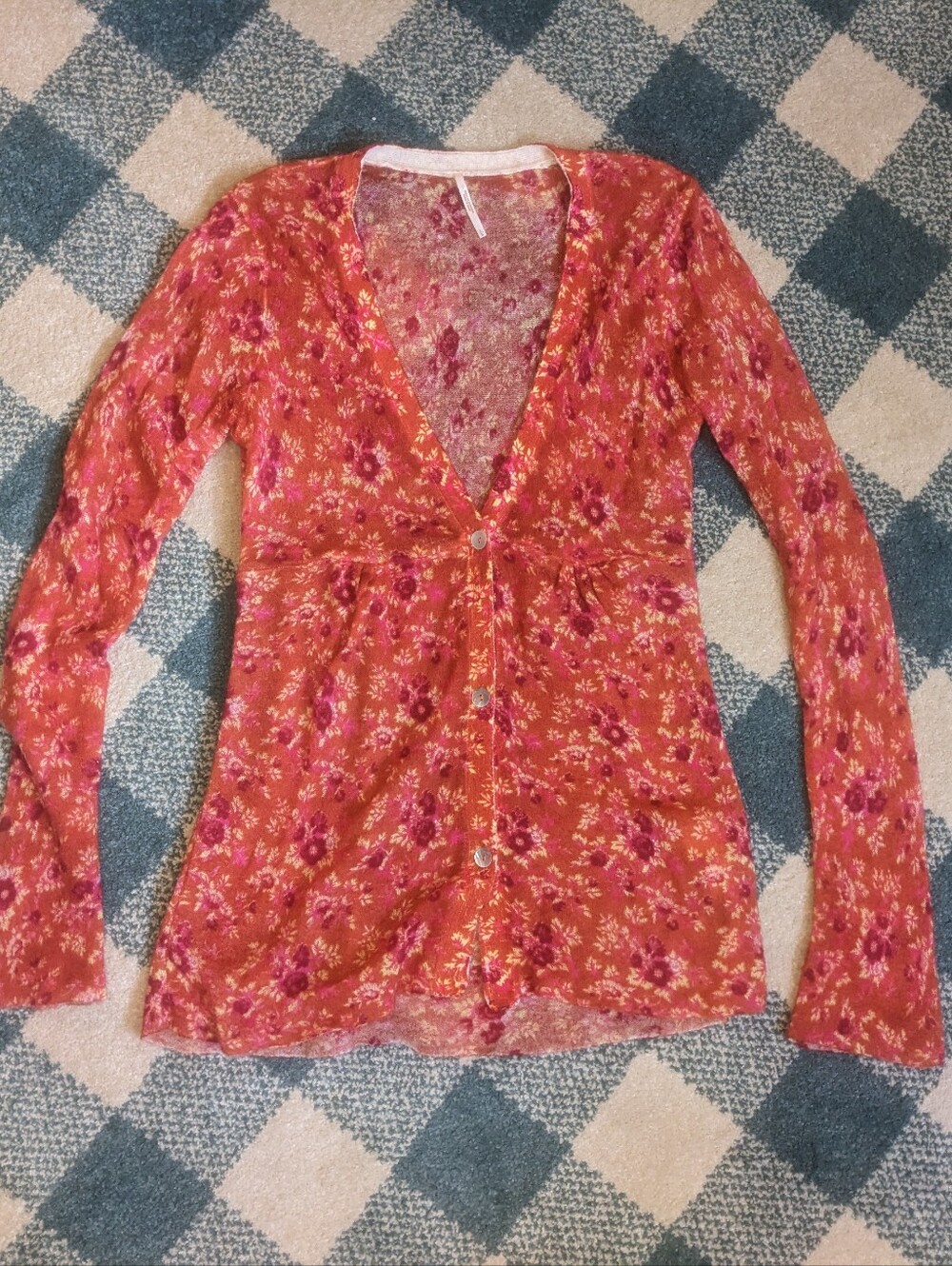 Anthropologie Lightweight Knit Wool Blend Long Cardigan Sz L Floral Burnt Orange